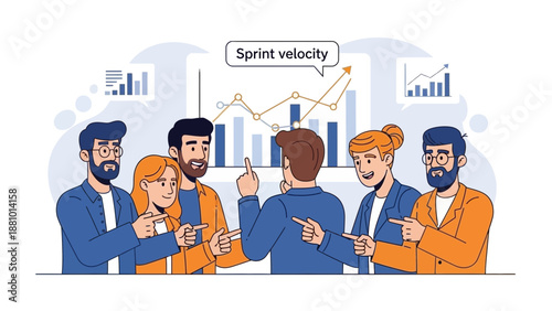 Agile team discussing sprint velocity and project progress with charts