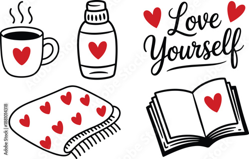 White mug with red heart and steam next to a bottle with red heart and a blanket with red hearts and an open book with red heart and love