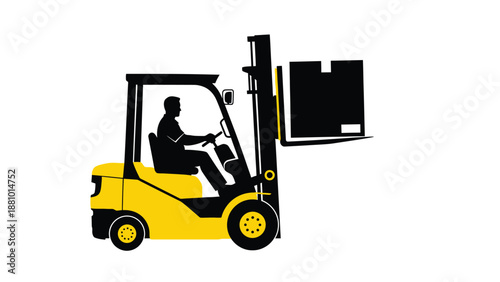 Yellow forklift with a silhouetted operator lifting a pallet or load