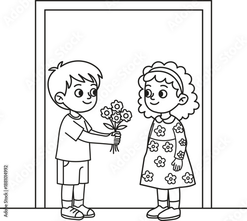A boy giving flowers to a girl at a doorway, isolated on a white background