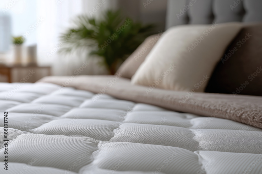 Obraz premium Comfortable white quilted mattress surface with soft pillows and blanket in bedroom