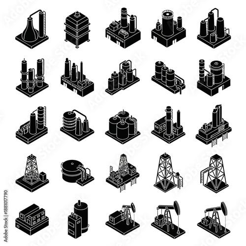 Collection of Industrial Icons Featuring Oil Rigs and Factory Buildings.