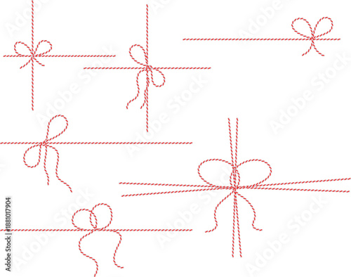 Collection of festive red and white baker's twine bows and strings for gift wrapping designs Vector, illustration