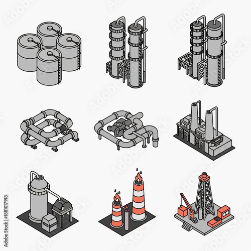 Industrial icons set with oil refinery and storage tanks.