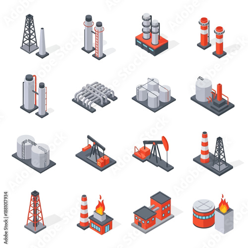 Set of 3D isometric industrial icons including oil rigs and refineries.