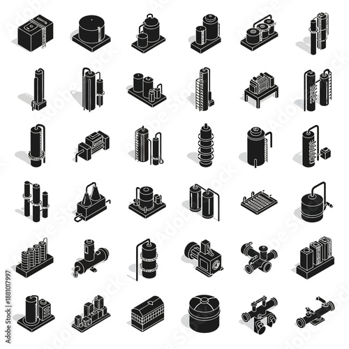 Collection of Industrial Equipment and Machinery Icons in Isometric Style.