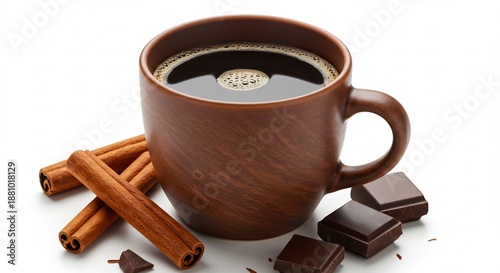 白い背景が引き立てる温かいコーヒーカップから立ち上る芳醇な香り添えられたシナモンスティックと濃厚なチョコレートが五感を刺激し癒しの時間を演出する一枚. AI Generated