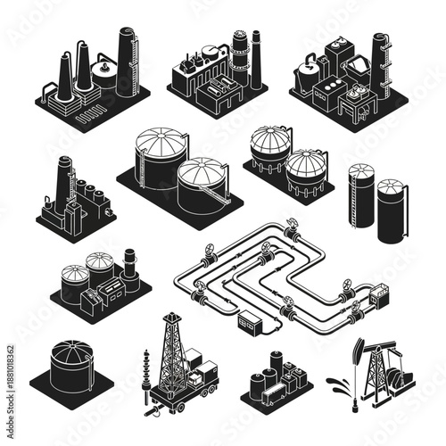 Industrial infrastructure icons set including refineries and oil rigs.