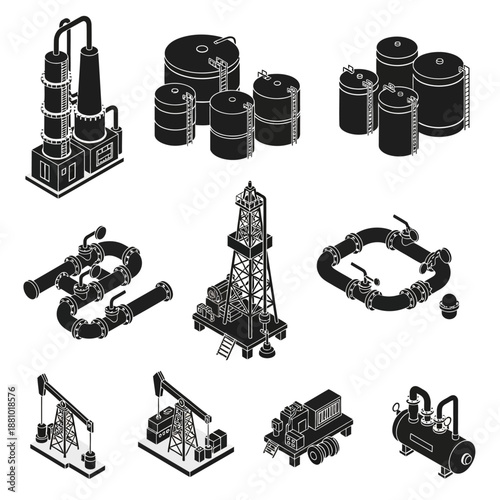 Industrial equipment icons set in black and white.