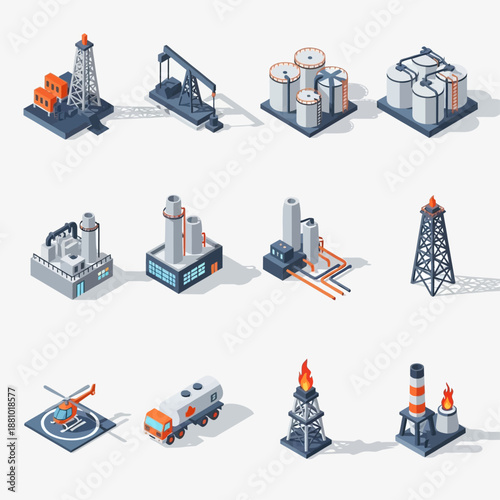 Industrial equipment icons set in black and white.