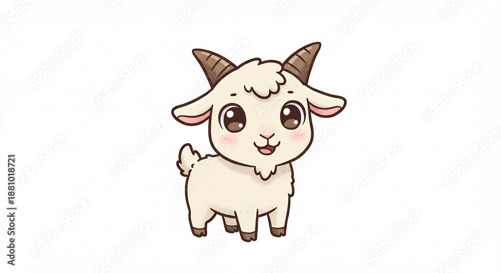 Fototapeta premium 可愛い笑顔の白い子ヤギが立つ明るく楽しい動物イラストふわふわの毛並みと小さな角が愛らしいキャラクター. AI Generated