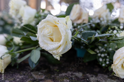 White roses on funeral wreath concept of sympathy