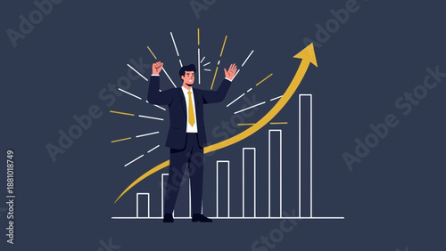 Businessman celebrating financial growth with upward arrow graph, success concept