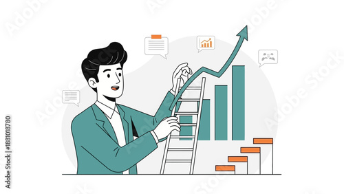 Businessman climbing ladder towards growth chart success