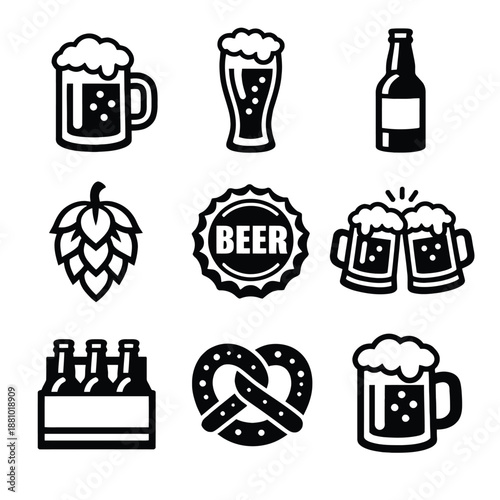 Black and white beer icons set: mugs, glasses, bottles, hops, pretzels, six-pack