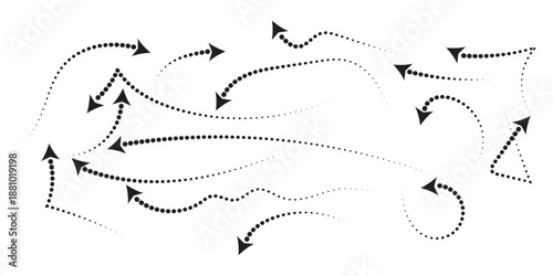 Dynamic collection of black dotted curved arrows and tapered directional pointers with fluid motion paths for creative graphic design projects.