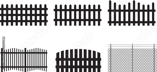 Fence and Barrier Silhouette Vector Set, Picket, Wrought Iron and Chain Link Icons for Architecture, Landscaping and Security Graphics