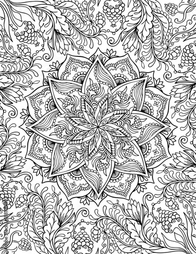 Ornamental mandala adult coloring book page. Arabic, Indian ornament line art, black.	