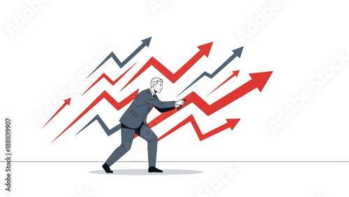 Businessman pushing upward trending arrows, symbolizing growth and success