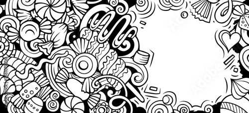 Cartoon vector doodle Candies banner template. Funny Sweet food sketchy background design