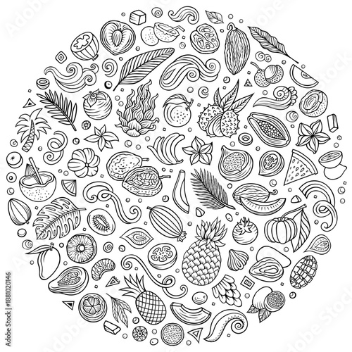Sketchy vector set of Exotic Tropical Fruits cartoon doodle objects, symbols and items. Round composition