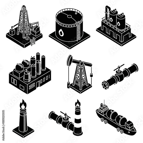 Industrial equipment icons set in black and white.