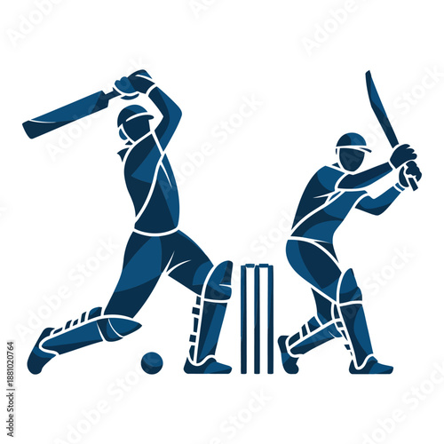 Cricket players in action, batsman hitting ball and wicketkeeper standing by wicket