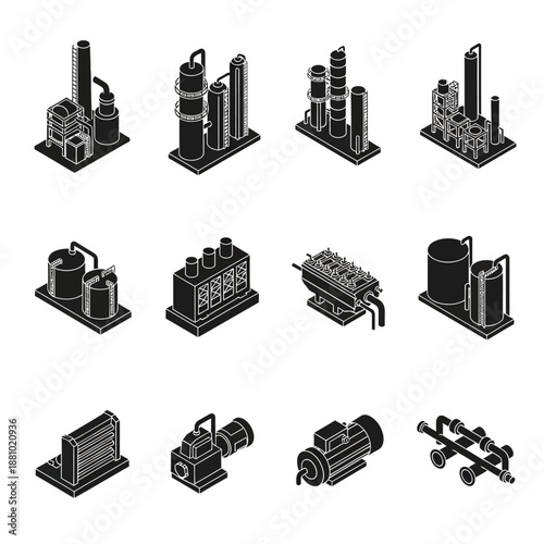 Industrial equipment icons set in black and white.