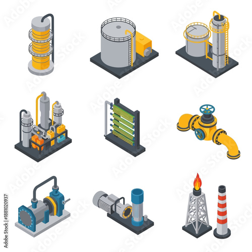 Industrial equipment icons set in black and white.
