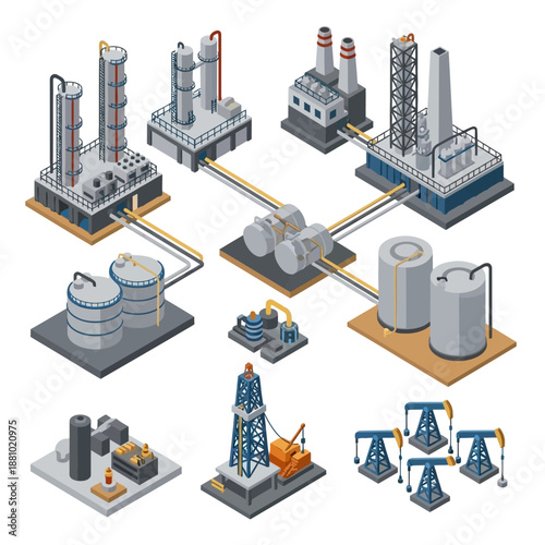 Industrial equipment icons set in black and white.