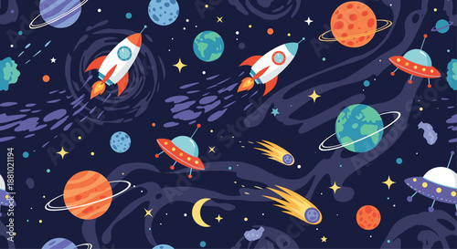 Colorful space seamless pattern with rockets ufo spacecraft planets stars and comets on a dark blue background for nursery or kids room.