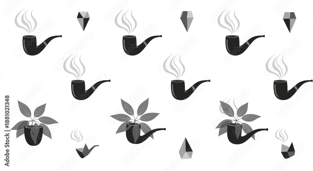 Obraz premium Artistic pattern of smoking pipes with wisps of smoke, geometric shapes, and green plants arranged in a repetitive layout.