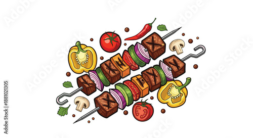 Mouth watering grilled skewers with meat cubes and fresh vegetables like peppers onions and tomatoes for a delicious barbecue meal illustration.