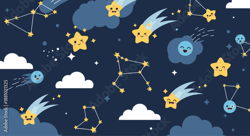 Magical outer space seamless pattern with smiling stars comets and constellations on a dark blue background for kids and nursery room decor.