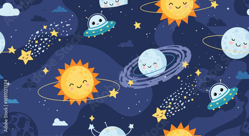 Adorable space seamless pattern with smiling sun planets ufo and shooting stars on a deep blue background for a playful kids nursery theme.