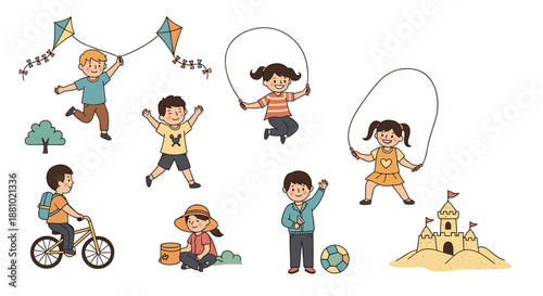 Set of happy children playing outdoors including flying kites jumping rope riding a bike and building a sandcastle for childhood themes.