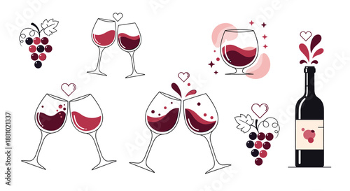 Elegant set of wine illustrations featuring glasses clinking for a toast, a wine bottle with splashes, grapes, and decorative hearts.