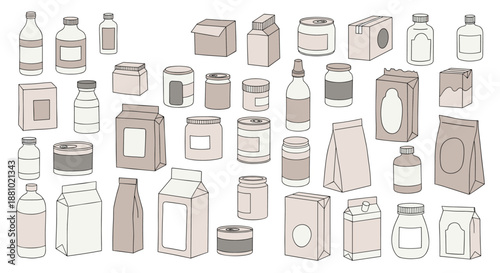 Various grocery food packaging icons including boxes, jars, cans, and bags shown in a simplified and muted color palette for design use.
