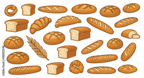Collection of assorted bakery products featuring various bread loaves, baguettes, croissants, and fresh wheat ears in a cartoon style.