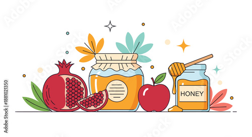 Still life illustration with jars of honey, a honeycomb dipper, a sliced pomegranate, and a red apple on a decorative background.