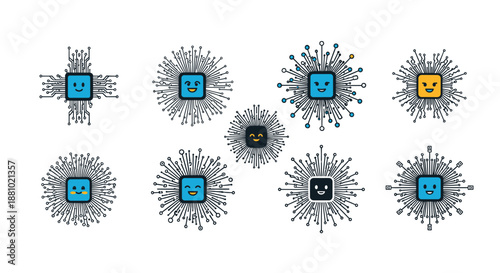 Set of friendly microchip characters with circuit lines extending outward and various happy expressions in a modern tech design.