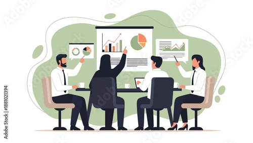 Business meeting with charts and graphs on whiteboard, teamwork discussion