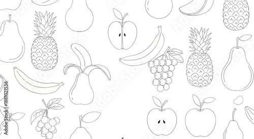 Minimalist seamless pattern with delicate black and white line drawings of various fruits like apples, pears, and pineapples.