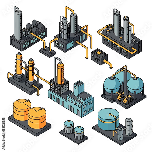 Industrial equipment icons set in black and white.