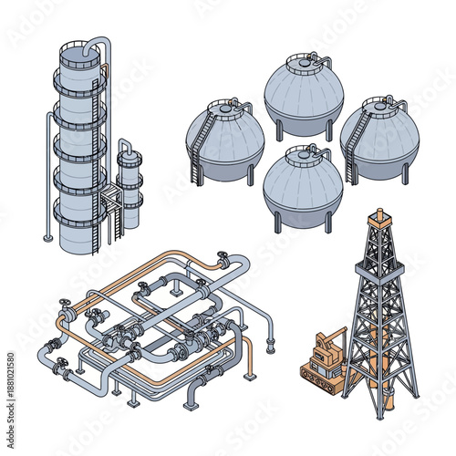 Industrial equipment icons set in black and white.