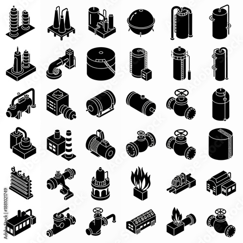 Industrial equipment icons set in black and white.