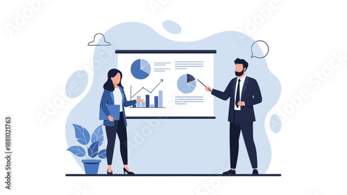 Business presentation with charts and data analysis by two professionals