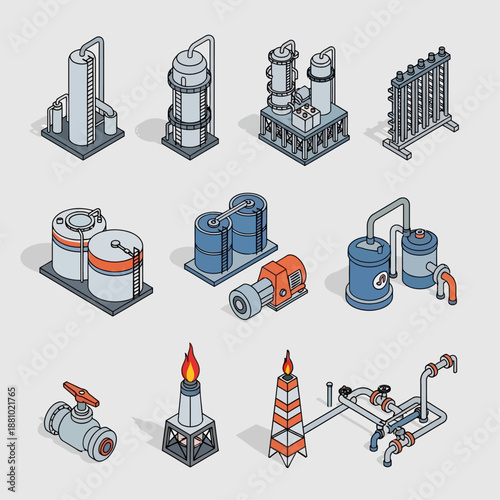 Industrial equipment icons set in black and white.