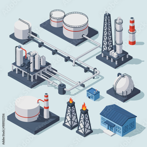 Isometric illustration of an industrial oil and gas refinery complex with storage tanks, pipelines, processing towers, and flaming derricks.