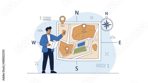 Man with map and compass, planning route, navigation concept illustration